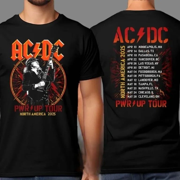 التيار المتناوب تيار مستمر PWR UP أستراليا جولة 2025 البضائع الجرافيك طباعة المحملة عادية القطن مع قائمة التواريخ للطباعة للجنسين المتضخم تي شيرت