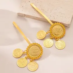 Gold Plated Turkish Arabic Totem Coin Hair Clip - Women's Muslim Wedding Hair Jewelry Accessory Headpiece