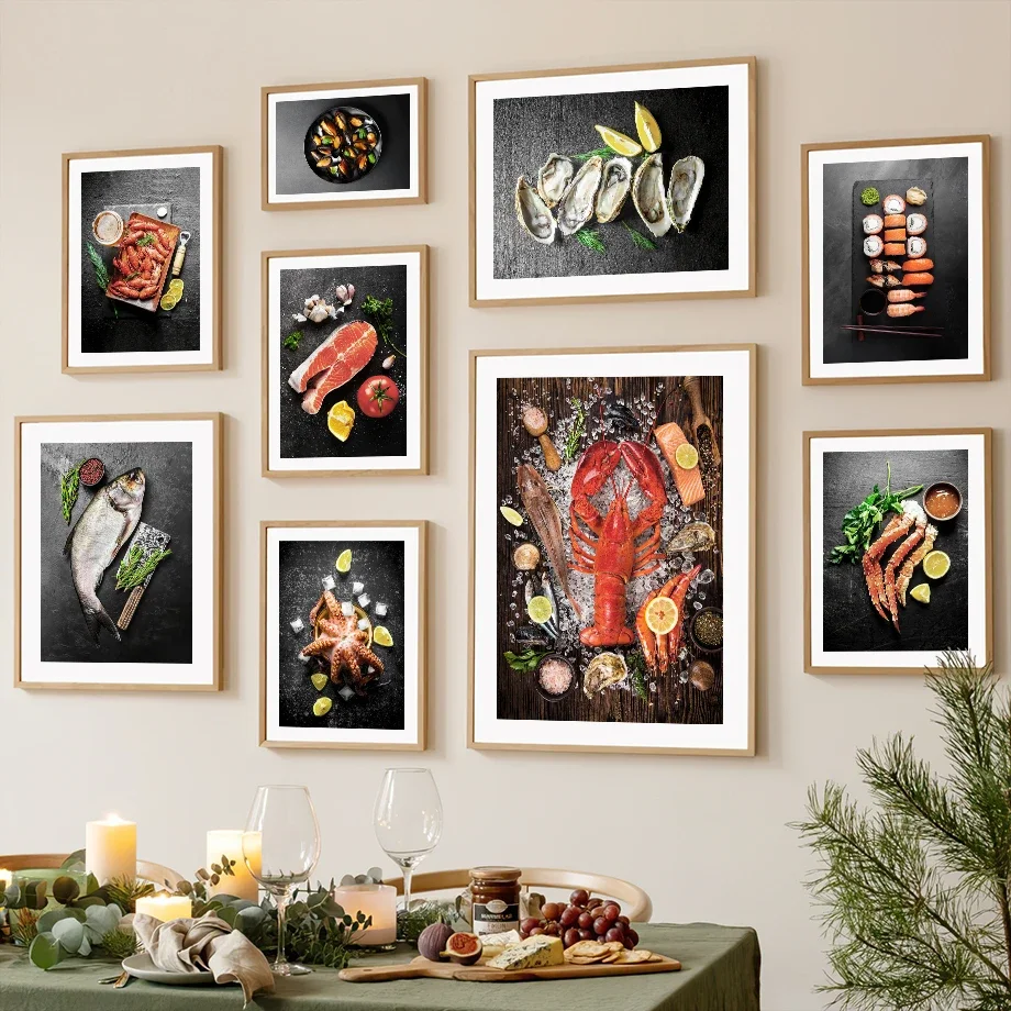 Lobster Fish Oyster Salmon Sushi Seafood Cooking Wall Art Canvas Painting Posters And Prints Kitchen Pictures Living Room Decor