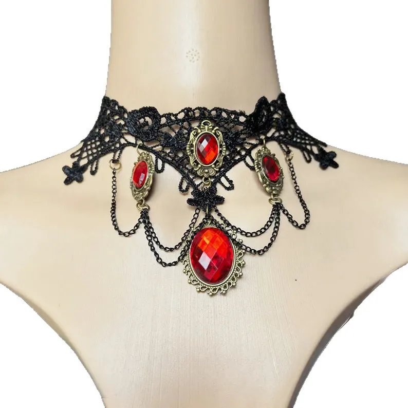القوطية الأسود الدانتيل قلادة للنساء Steampunk الأحمر قطرة الماء المختنق القلائد بنات مجوهرات الحفلات هدية #1