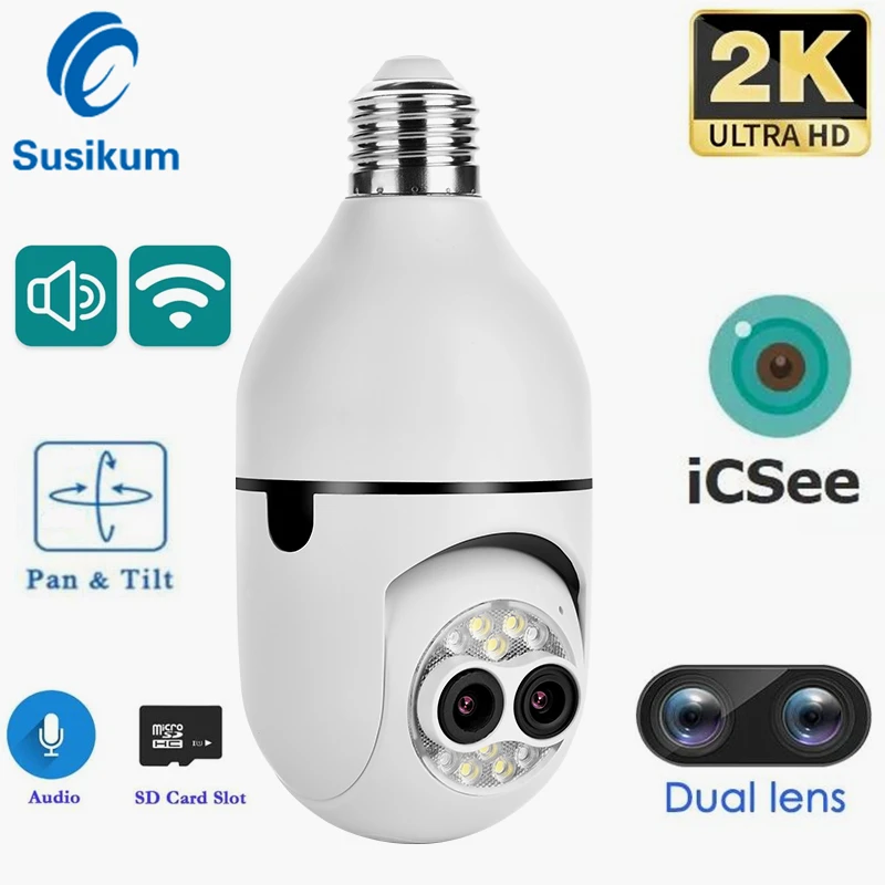 

4MP E27 Bulb Security WIFI Camera Dual Lens ICSee APP Security Protection Color Night Vision Wireless Smart Home Camera