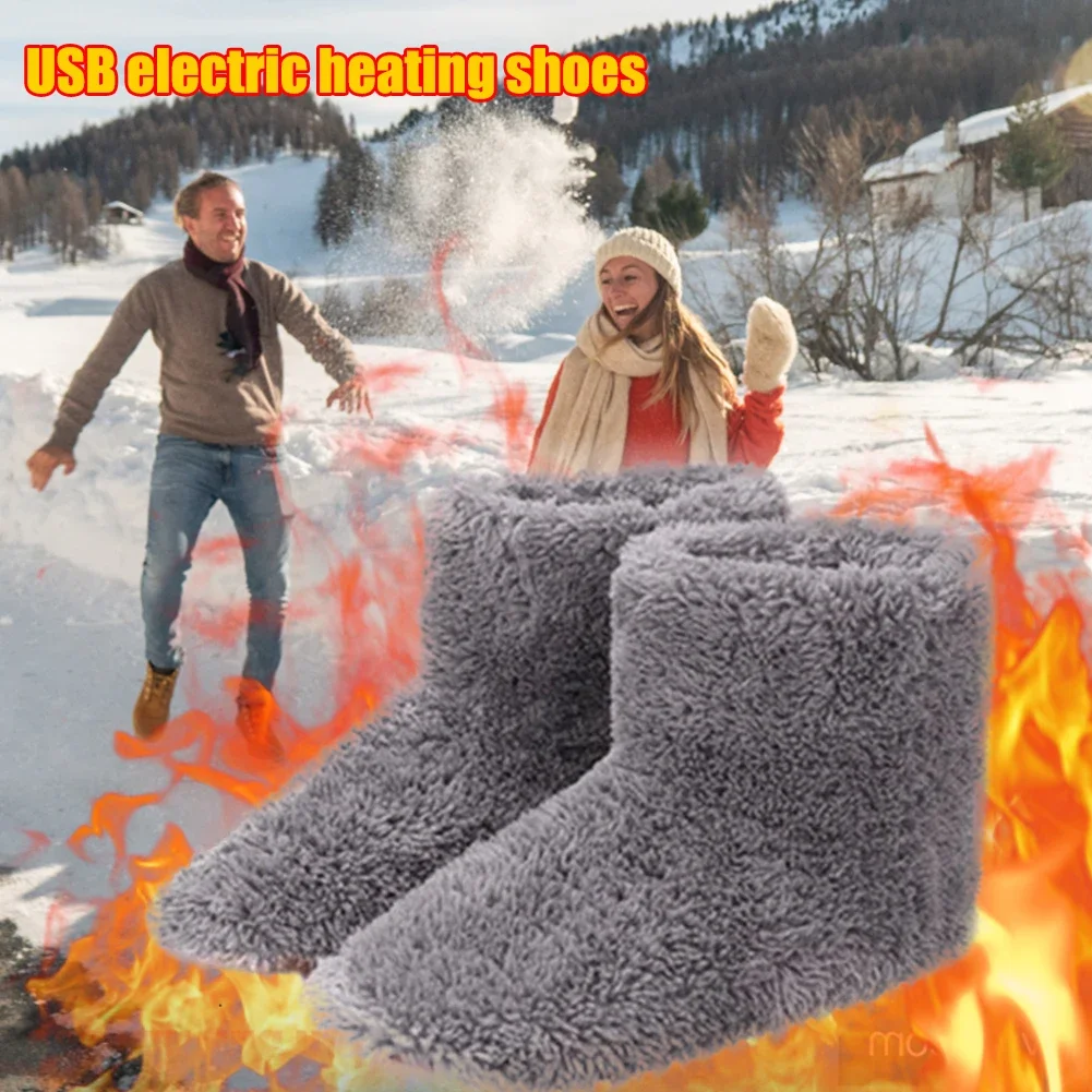 Winter USB Electric Heating Shoes for Women Men Comfortable Plush Foot Warmer Washable Heated Shoes Indoor Outdoor