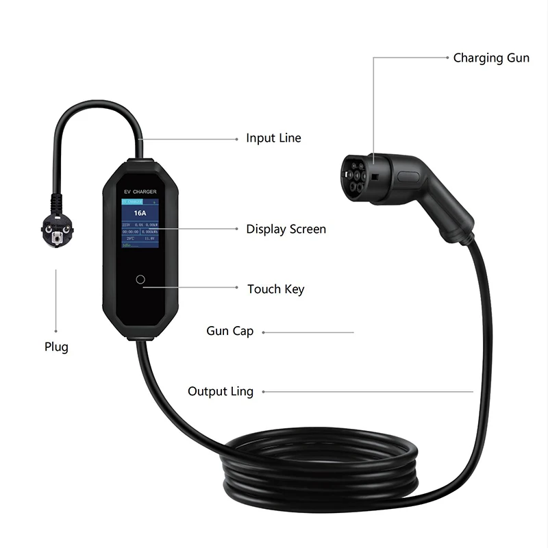 EU Plug EV Charger Wallbox Single Phase Cable 3.5KW 16A Type2  EV Portable Charging IEC62196 Adapter For Electric Vehicle