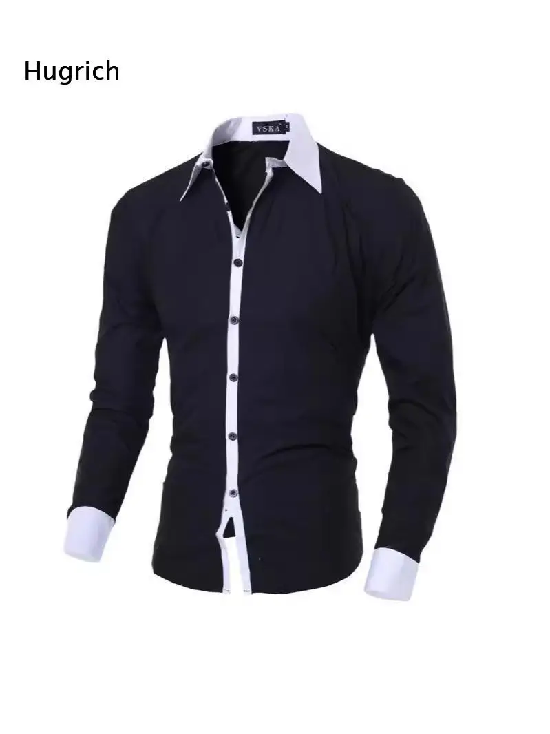Contrast Collar And Cuff Mens Long Sleeve Button Shirt Slim Fit Solid Business Top For Meeting Occasions And Daily Office Wear