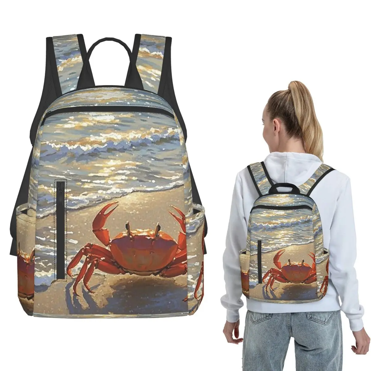 Crab And Shell At The Beach Backpack Daypack Boys Girls BookBag School Bag Shoulder Bags for Men Women