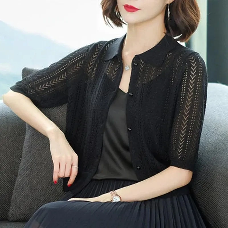 Women\'s Ice Silk Cardigan Korean Version Loose Threaded Hollow Thin Tops Polo Collar Button Short Knit Sweater For Women Clothes