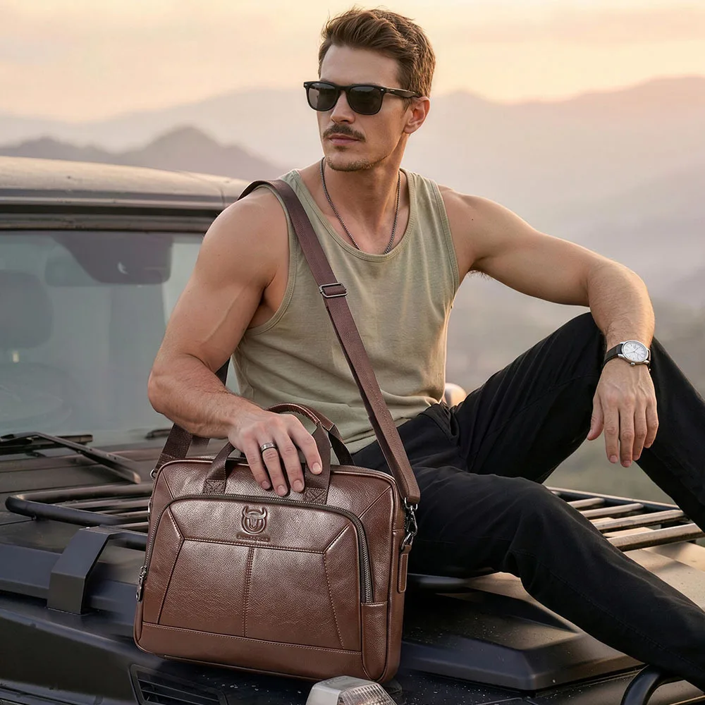Men's Genuine Leather Tablet Briefcase – Single Shoulder & Crossbody Messenger Bag for Business