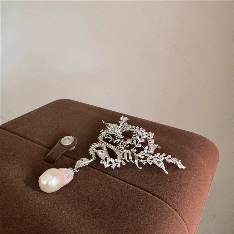 Autumn and Winter styles Natural White Baroque Pearl Silver  Color Plated Filled Dragon Brooch