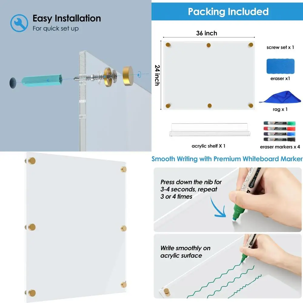 

Большая прозрачная акриловая настенная доска для сухого стирания 36 x 24, 4 маркера, ластиком и тканью