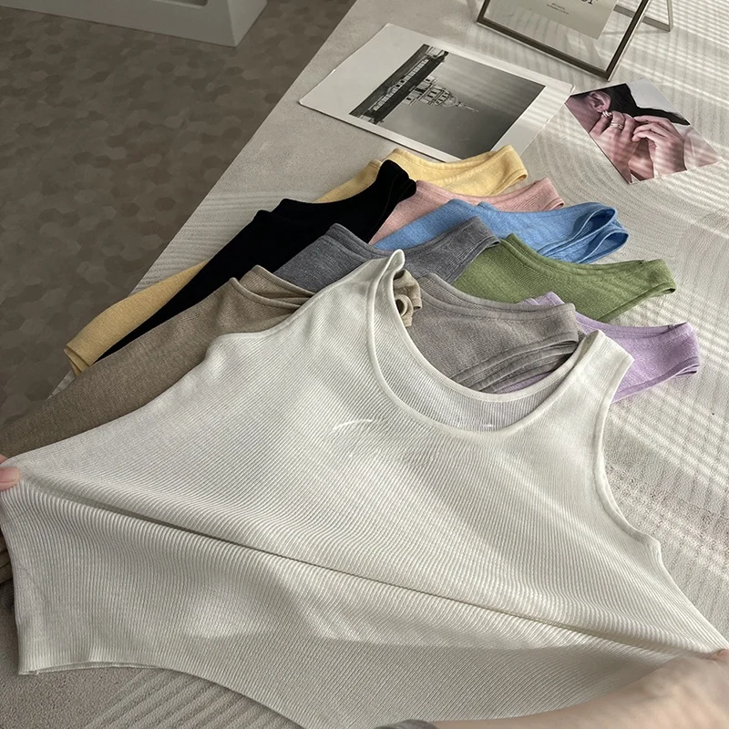 

Silk Knitted Vest round Neck Elastic Slimming Base Shirt Sleeveless Knitted Sweater Commute Style Women's Fashion Summer Wear