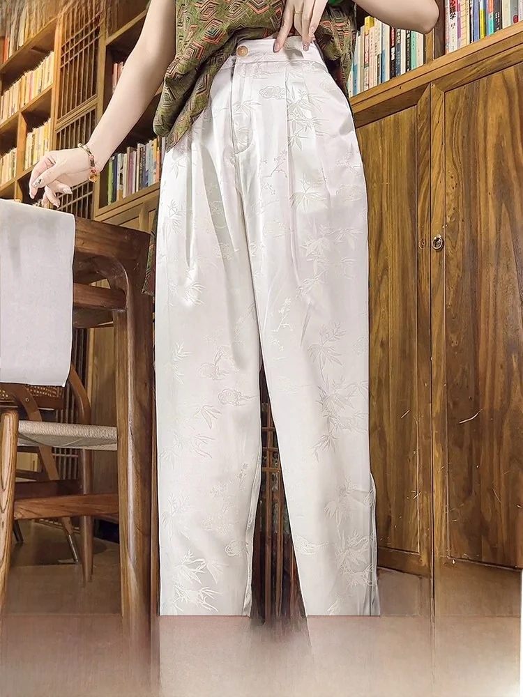 

New Chinese Sle High Waist Women's Pants Bamboo Le Pattern White Embroidery Slimming Wide Leg Casual Trousers Summer 2025