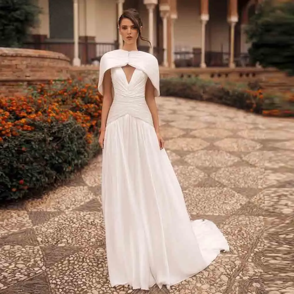 Customized Minimalis tChiffon Wedding Dress With Cape Deep V Neck Pleat Bodice Boho Bridal Gown Ruched A Line vestido de novia
