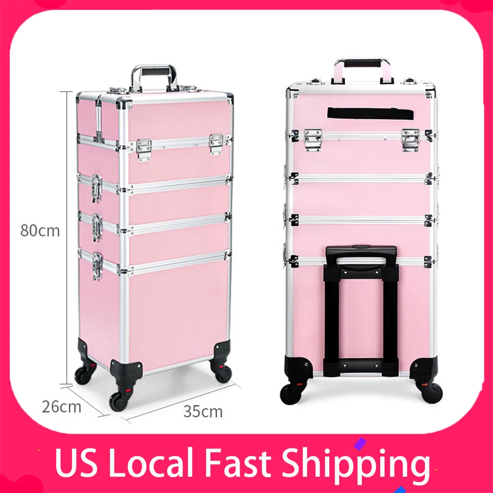 Makeup Trolley Case Detachable 4 in 1 Professional Makeup Train Case Large Capacity Aluminum Rolling Cosmetic Case On Wheels
