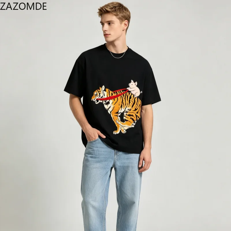ZAZOMDE Y2K Cool Animal Graphic T Shirts Funny Pig Driving Tiger Print Crew Neck Loose Summer Casual Oversized Tops 2026