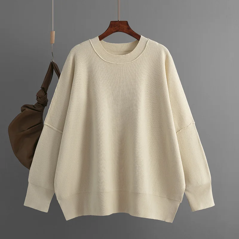 

2025 Autumn Winter European and American Women's Fashion Round Neck Knitted Solid Color Loose Pullover Sweater