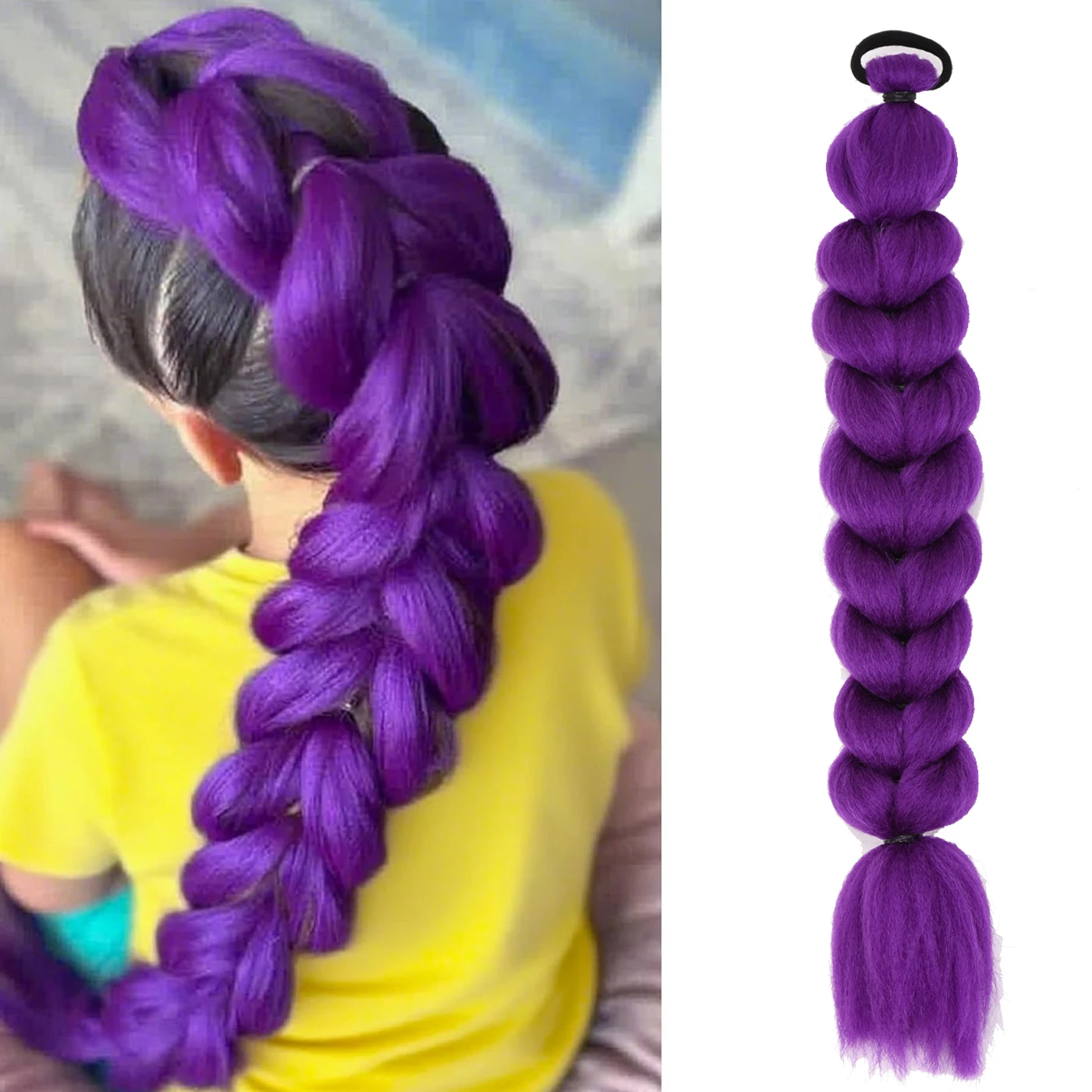 

KPOP Demon Hunters Rumi Kids Synthetic Long Straight Ponytail Extensions With Rubber Band Purple Hair Accessories for Halloween