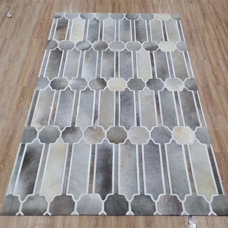 Geometric Simple Grey Living Room Rugs Carpet Handmade Real Cowhide Area Rug Decor Home Bedroom Large Carpet Nordic Mat