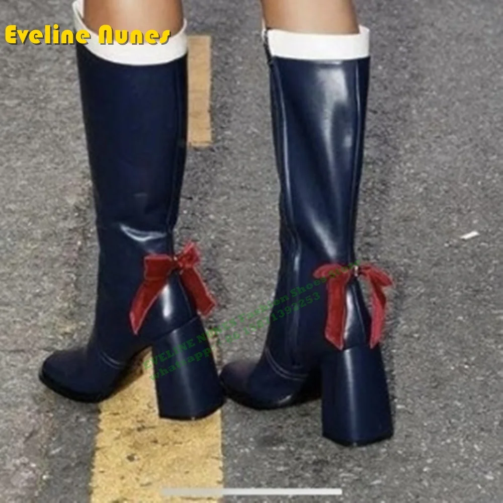 Pluto Navy Black Velvet Bow Crystal Heart Boots Square Toe Flared Heel Pull On Patchwork Internal Zip Closure Knee High Boots