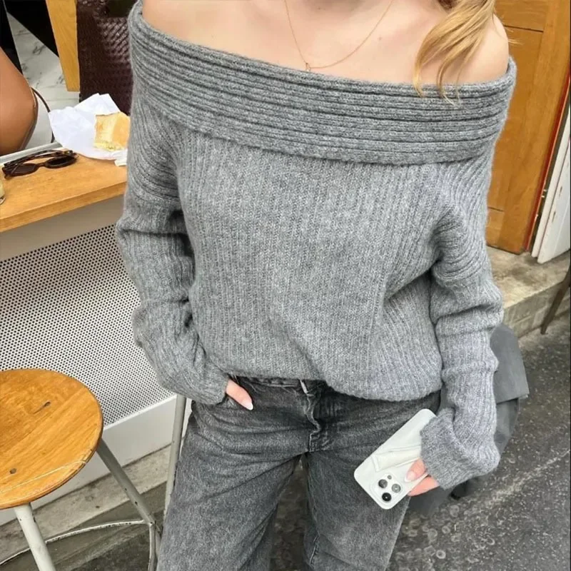 2024 Autumn Winter New Style All-match Commuting Leisure Style Lazy Wind Boat Neck Loose Long Sleeve Sweater Knitwear Women