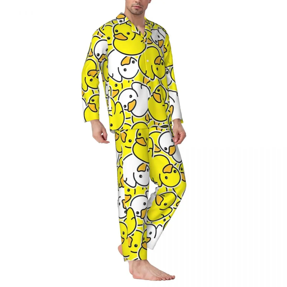 Rubber Ducks Float Pajamas Men Trendy Leisure Sleepwear Autumn 2 Piece Vintage Oversized Design Pajama Sets