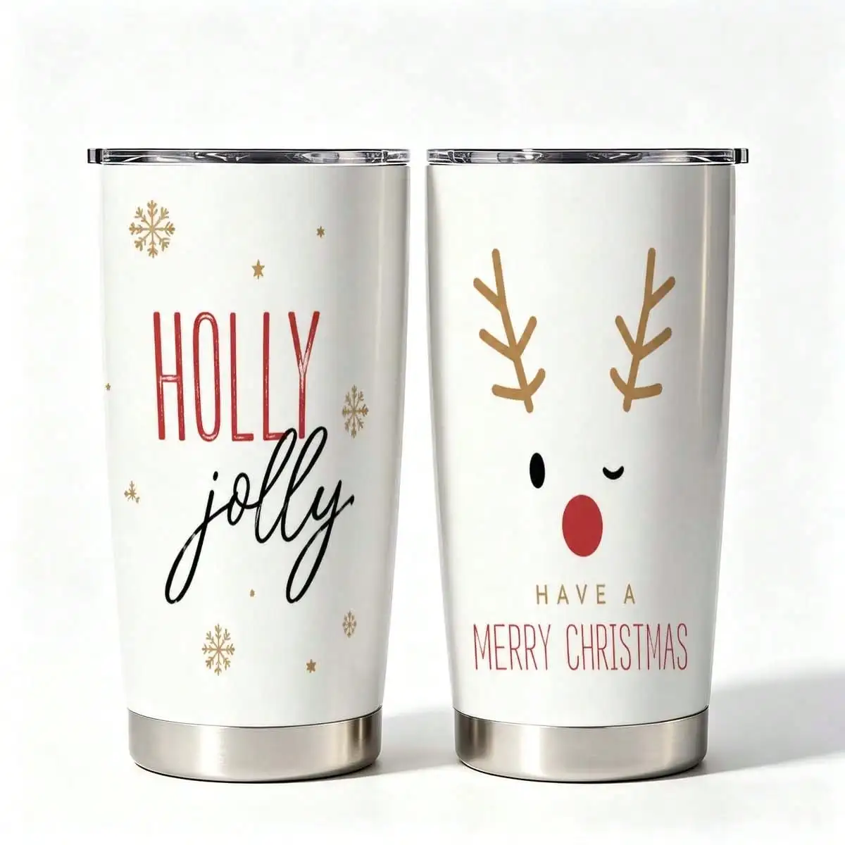 1pc 20oz Stainless Steel Vacuum Insulated Tumbler, Reindeer Face Graphic Travel Coffee Mug, Double Wall Portable Car Cup, Christmas Holiday Gift