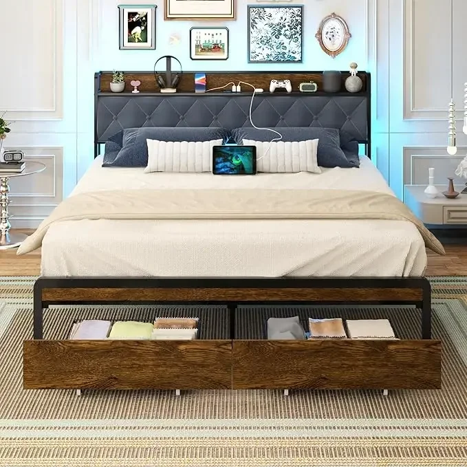 

Metal Platform Bed Frame with 2 Storage Drawers & LED Light, Velvet Upholstered Shelf Headboard with Built-in Charging Ports