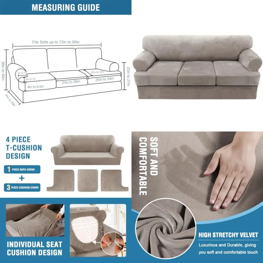 

Cover 4 Pcs T Slipcovers Thick Velvet Couch Cover Furniture Protector Stretch Covers for Couch with Individual T Covers Washabl