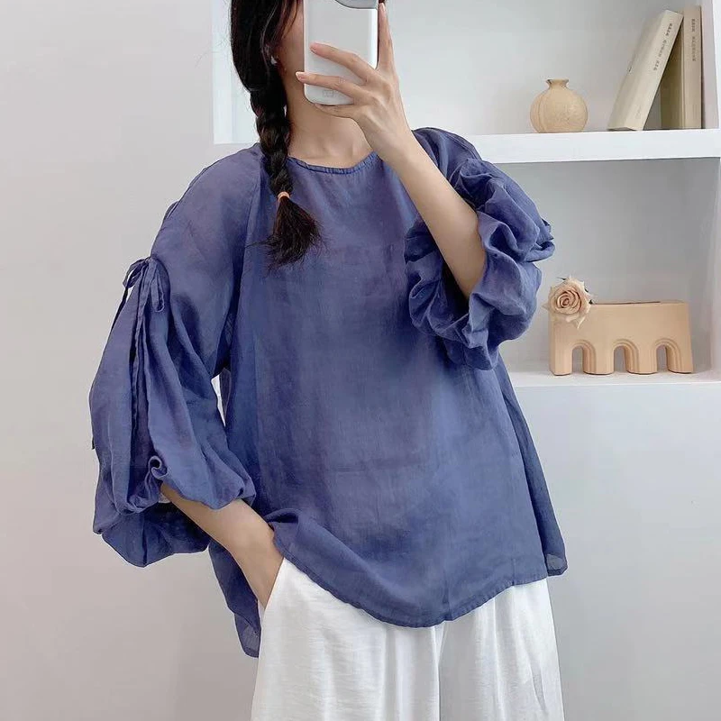 Johnature New Ramie Summer Women Tops 2024 Vintage Thin Petal Sleeve Solid Color Loose Tie O-neck Female Shirts