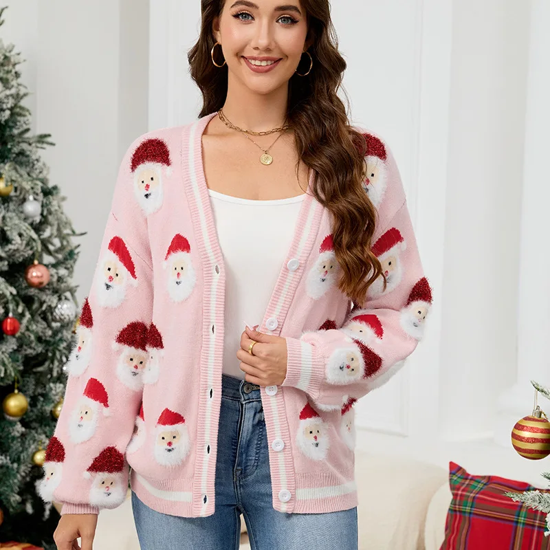 Santa Claus Jacquard Sweater Cardigan Women Christmas Clothing Long Sleeve V-neck Single Breasted Knitted Coat Autumn Winter New