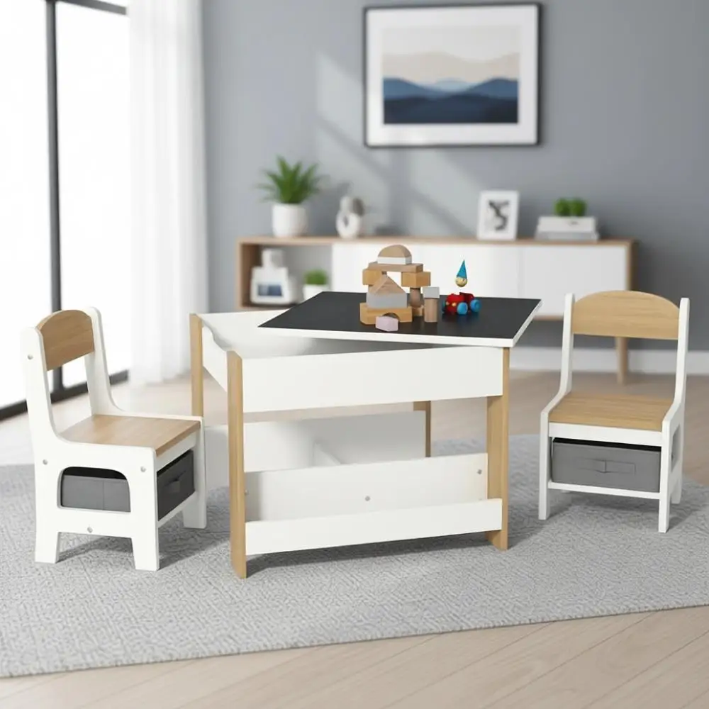 

Детский деревянный стол и стулья 3-в-1 с двусторонней доской, местом для хранения и книжными полками для игровой комнаты или детской, натуральное дерево