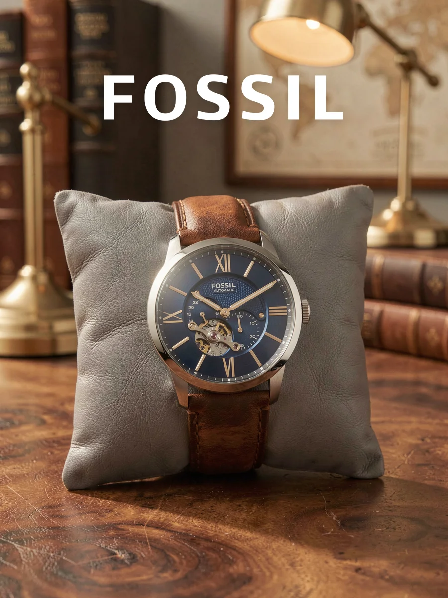Fossil Men’s Townsman Analog Watch, Silver Case Brown Leather Strap Blue Satin Skeleton Dial ME3110