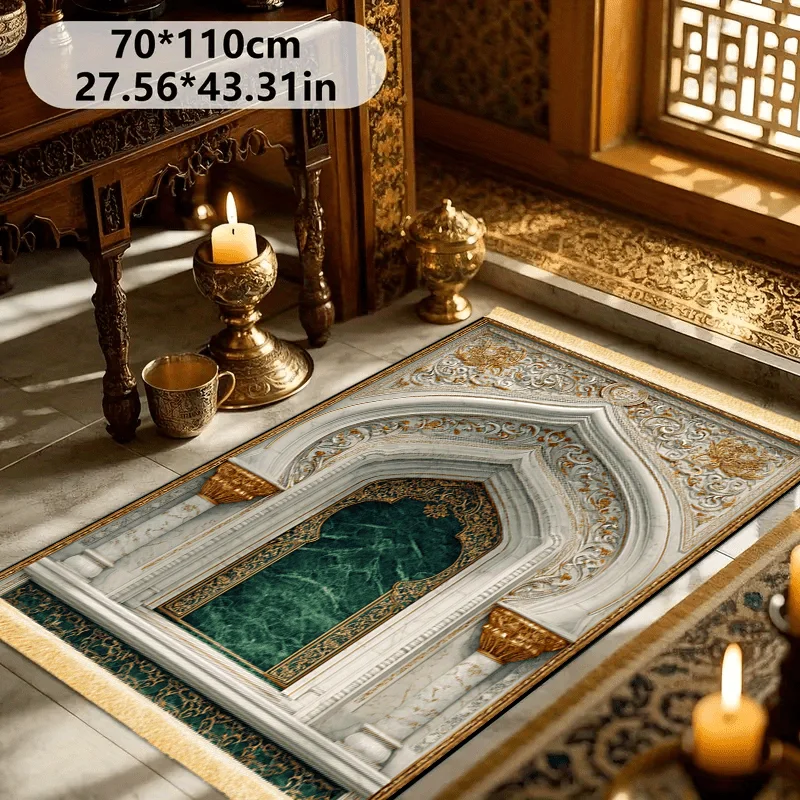 VIKAMA Luxury European Palace Prayer Rug Islamic Worship Carpet with Green Marble & Gold Detailing Non-Slip Mat for Muslim Home