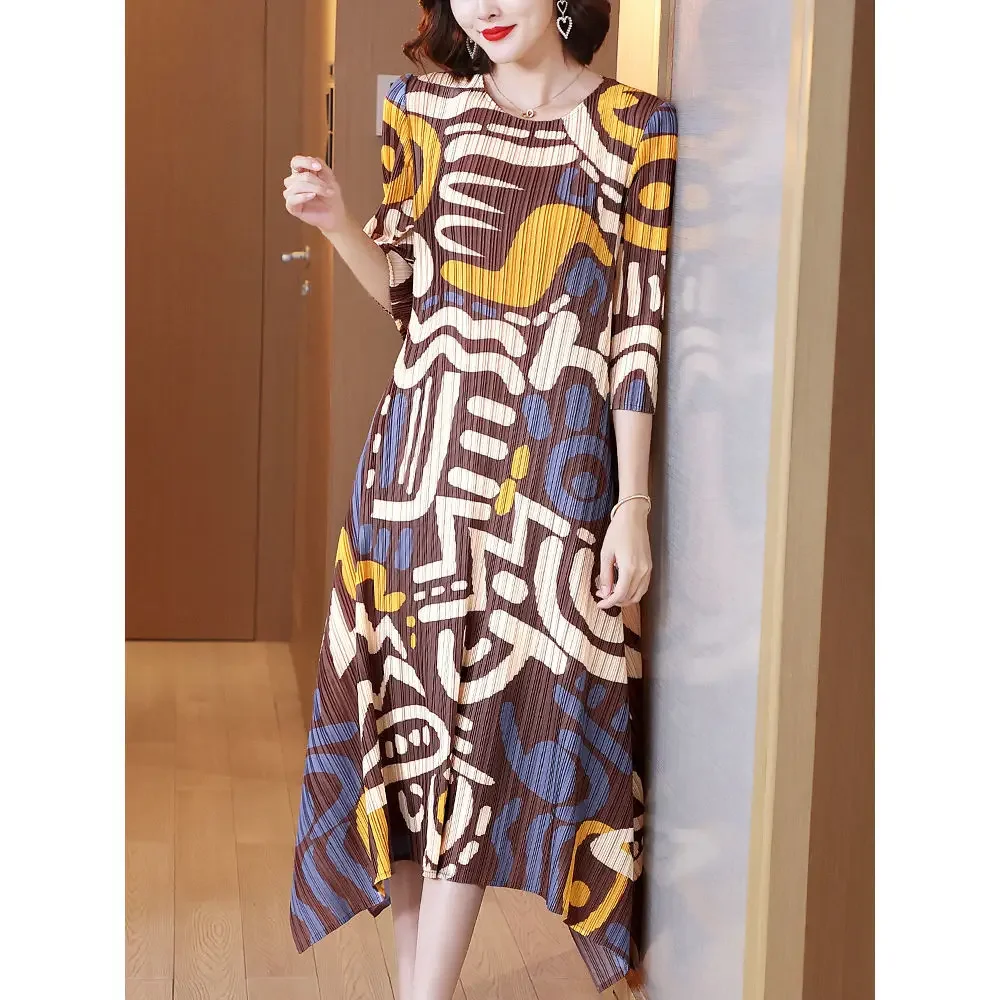 Women Dress Temperament High-end Hit Color Large Size Slim Pleated Dress 2023 Autumn New Design Long Sleeve O Neck Dress Tops