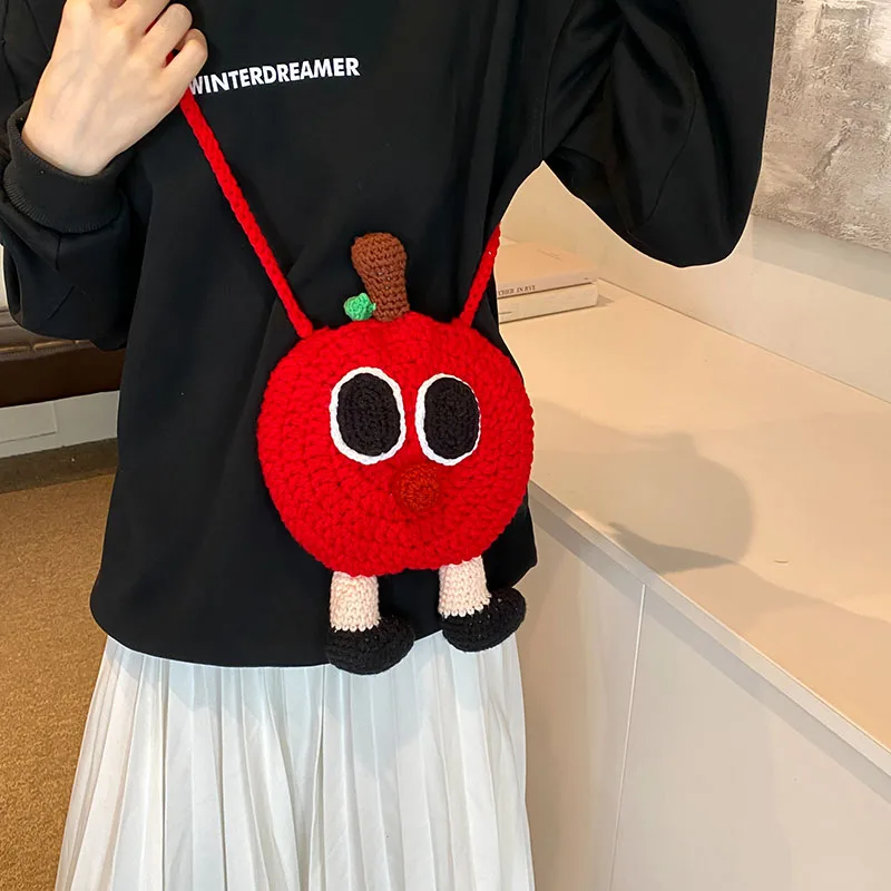 Knitted Apple Shoulder Crossbody Bag for Women Casual Tote Handbag and Purses 2024 New Trendy Clutches Lady‘s Messenger Bag