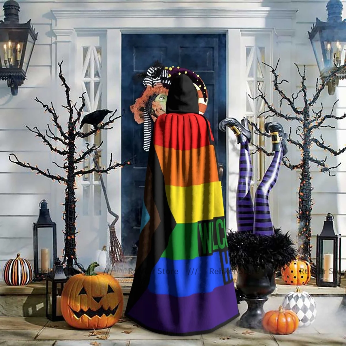 Adult Halloween Pride Flag Rainbow Cloak Cape Hooded Medieval Costume Full Length Dress Coat