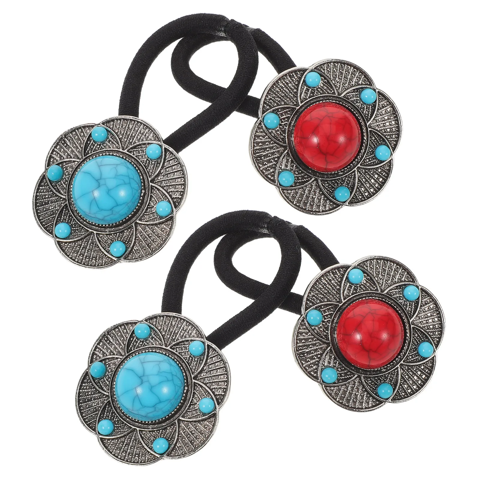 

4Pcs Bohemian Floral Hair Ties Women Chinese Style Flower Elastic Ponytail Holders No Damage Soft Ropes Beach Bridal