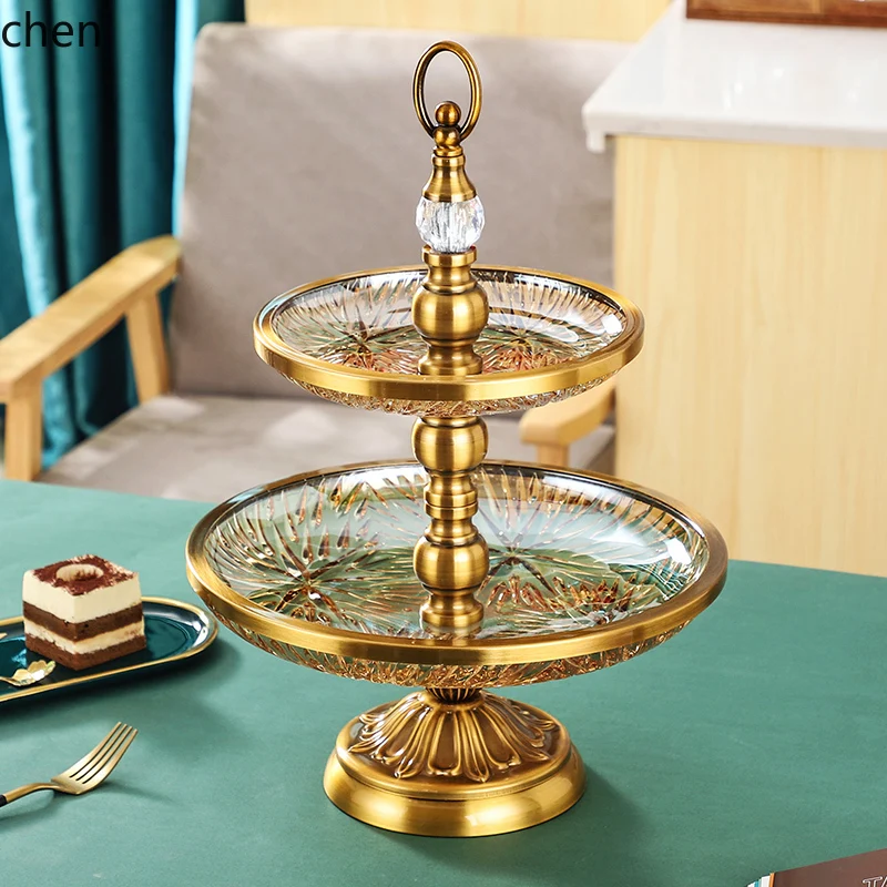 

QZT crystal glass double-layer fruit plate, living room coffee table creative snack candy plate