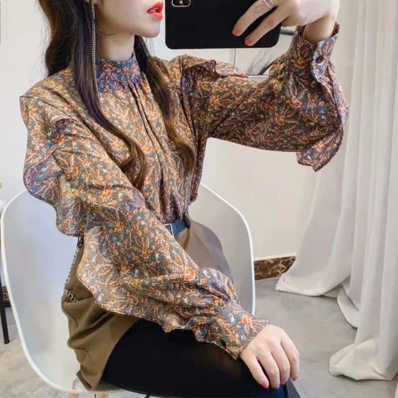 Women Spring Wear New Stand Collar Pullovers Chiffon Bottom Shirt Fashion Printed Loose Casual T-shirt Ruffled Long Sleeves Tops