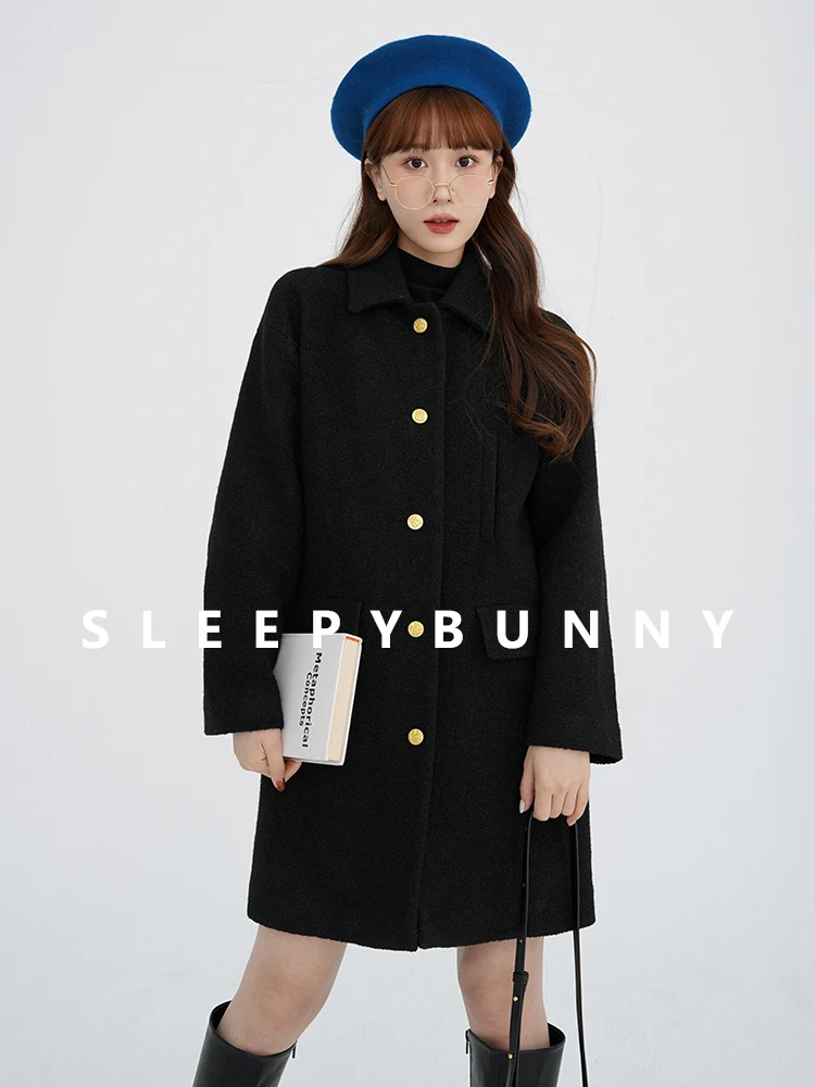 

Black Woolen Overcoat Women Loose Fit Cocoon Wool Coat with Drop Shoulder Japanese Style Winter Long Jacket Gold Button Detail