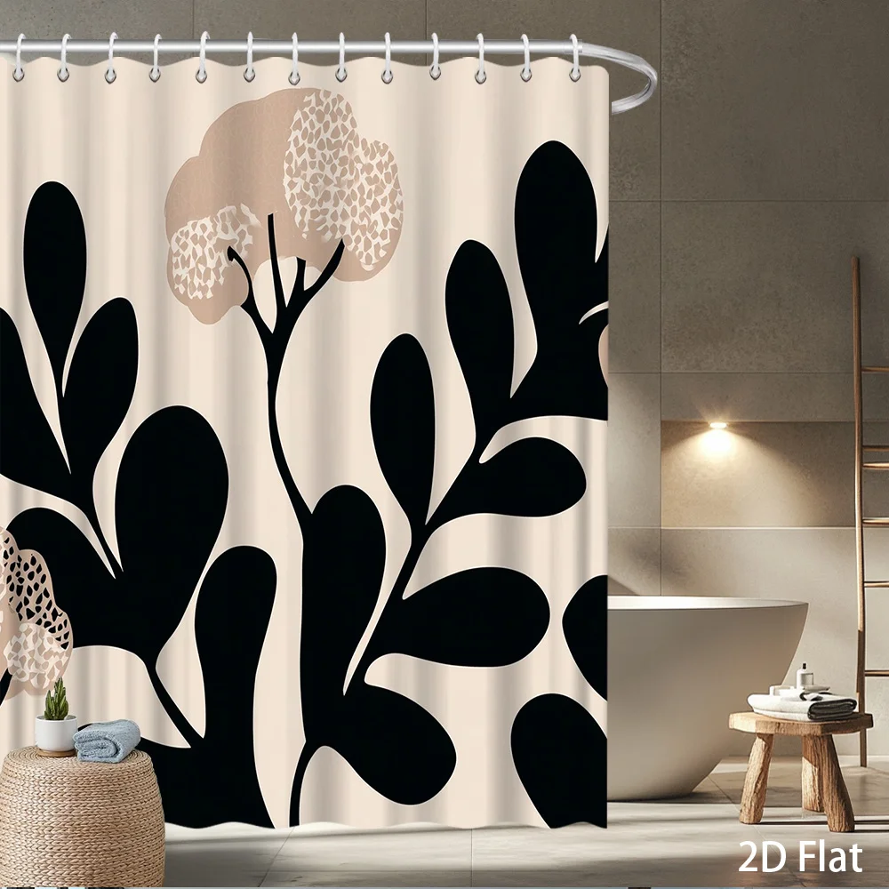 Abstract Botanical Shower Curtain – Bold Black Leaves & Textured Beige Bloom on Cream, Modern Scandinavian Design, Waterproof