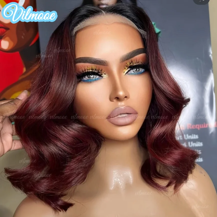 

Парик из натуральных волос Ombre Wine Red 99J, короткий волнистый боб, с шелковым верхом, прозрачный, 180% плотность, полностью на кружевной основе 13x6