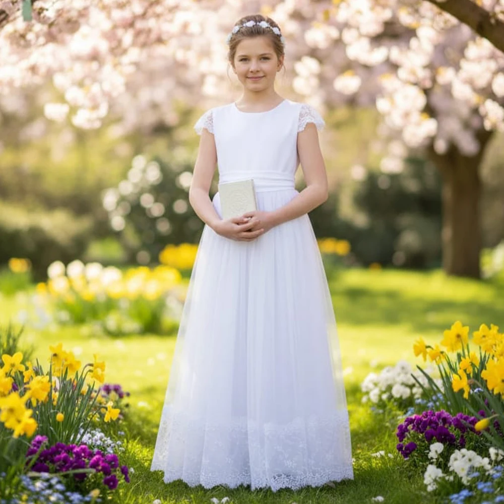 

Customized Flower Girl Dress for Wedding White A Line Girl's Birthday Party Gown Tulle O Neck Cap Sleeves Formal Gowns for Girls