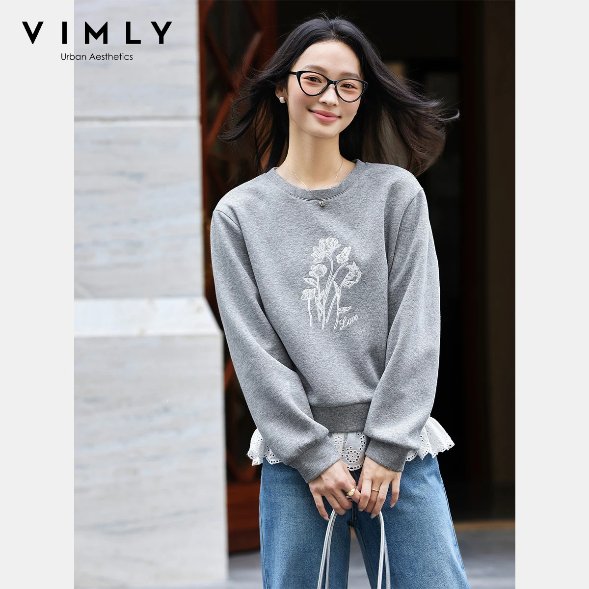 

VIMLY Grey Lace Patchwork 2 in 1 Sweatshirts Woman Autumn 2025 Elegant Long Sleeve Loose Round Neck Knitted Sweatshirt A1976