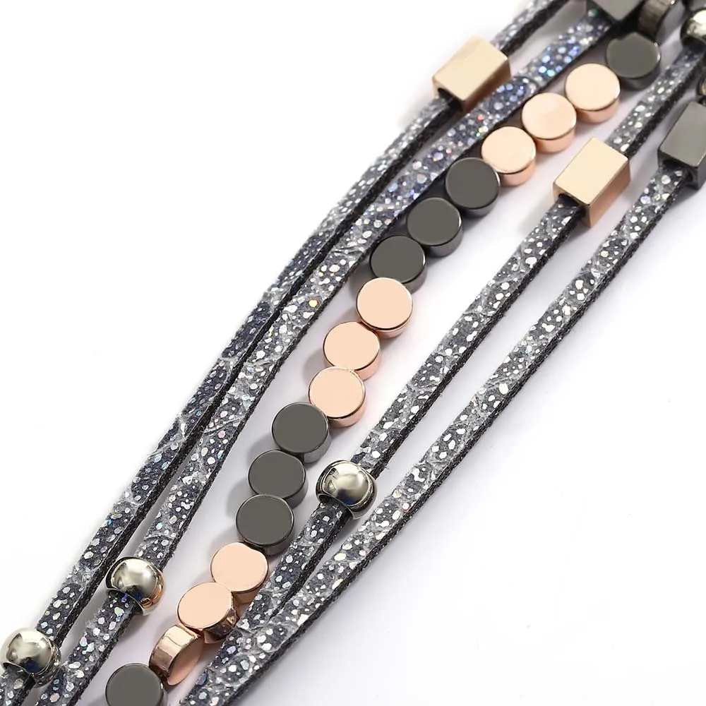 Amorcome Fashion Copper Alloy Beads Bracelet for Women Boho Printed Soft Leather Multilayer Wide Wrap Bracelets Jewelry Gifts