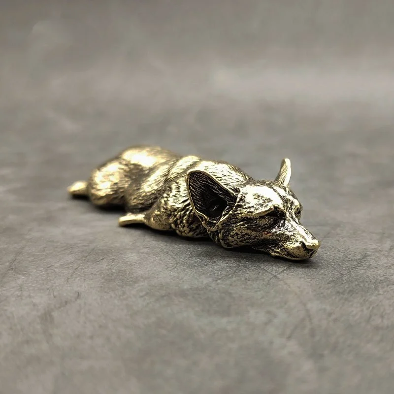 Vintage Pure Copper Corgi Dog Figurine Lying Sleeping Puppy Statue Desktop Tea Pet Ornament Home Decor Collectible Gift