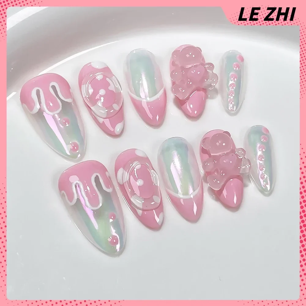 偽の爪を押す,アーモンドの弓,オーロラパウダー,クマ,蝶,夏,魔法の鏡,ピンク,猫の目,パーティーステッカー