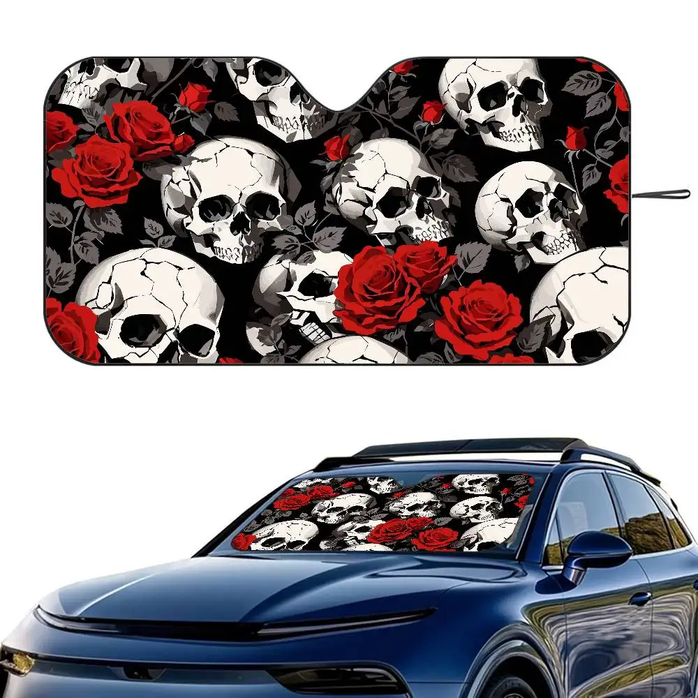 

Gothic Skull Pattern Car SunShade Windshield Foldable Three-layer Insulation Sunshade By Suction Cup Blocks UV Rays Sun