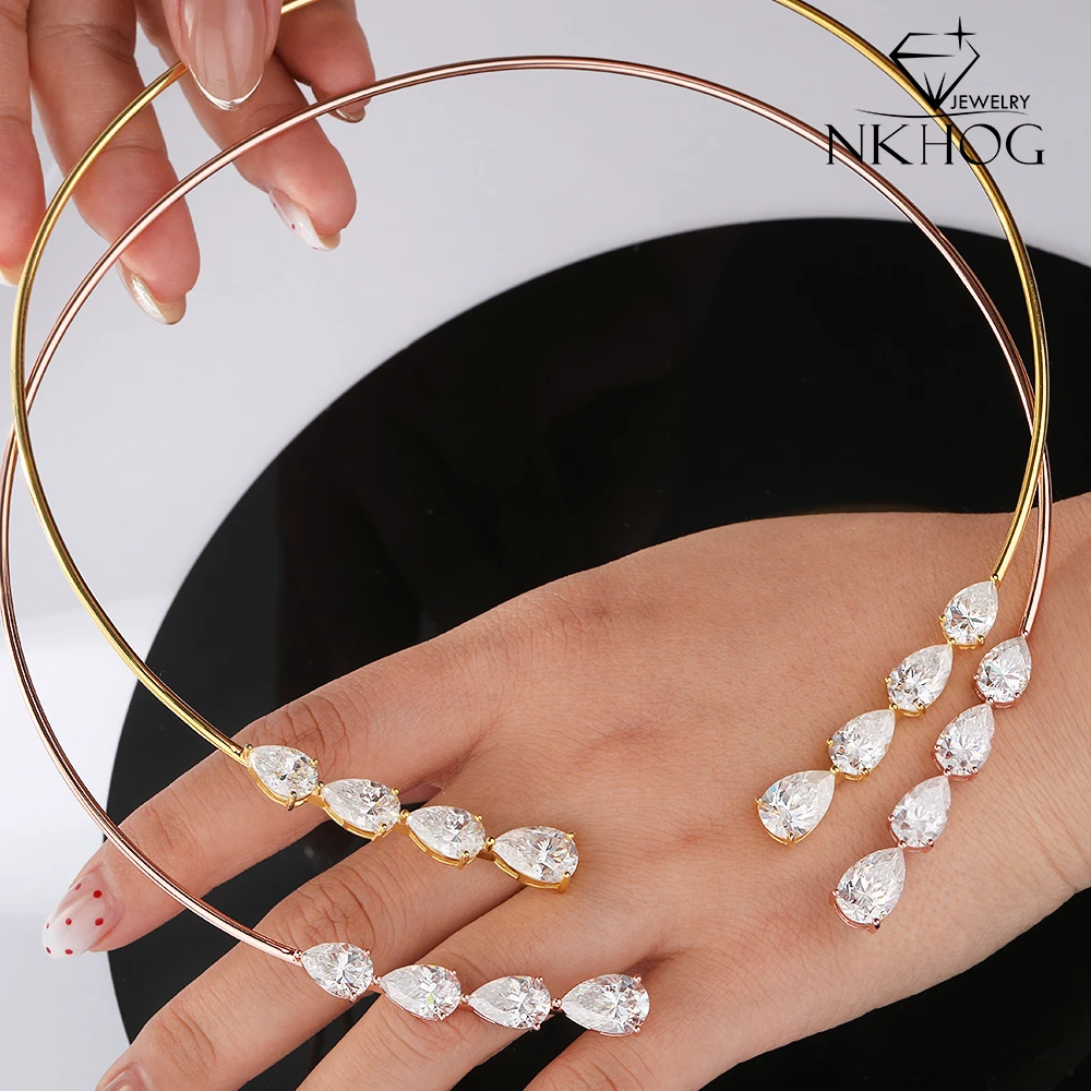

NKHOG 24CTTW Full Moissanite Open Choker Necklaces For Women 925 Sterling Silver Waterdrop Diamond Cuff Collar Necklace Jewelry