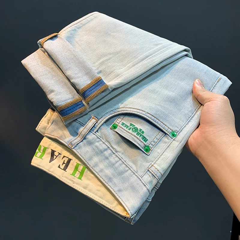 High-End All-Match Jeans Men's Summer Thin Trends Embroidered Slim Skinny Micro Loose Light Color Harem Fashion Pants