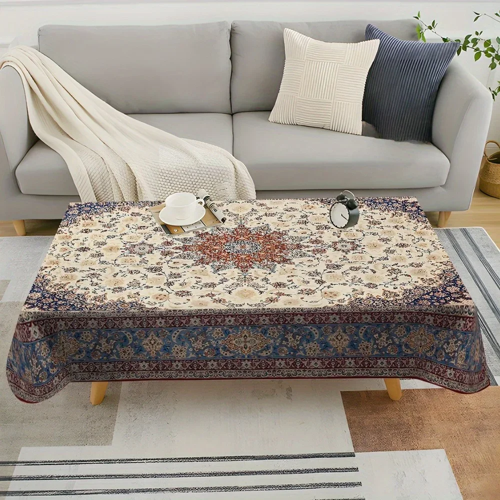 【2D】Tablecovers 1pc Persian Floral Print Tablecloth - Elegant beige base with blue, brown and red patternsxzj